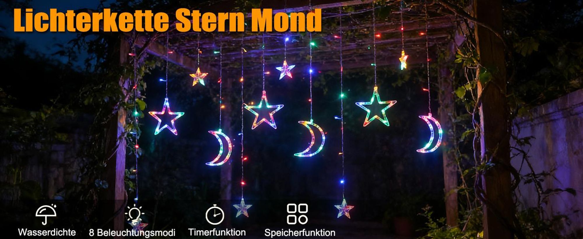 LED Stern Mond Lichtervorhang 3,5m Bunt Lichterkette 8 Beleuchtungsmodi Weihnachten Party Garten Deko