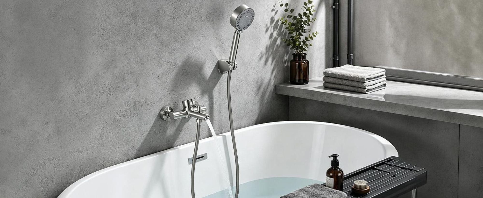 Badewannenarmatur mit Handbrause, Mischbatterie Badewanne Wandmontage, 2 Ausgänge Einhebelmischer Duscharmatur mit Wanneneinlauf, Gebürstete