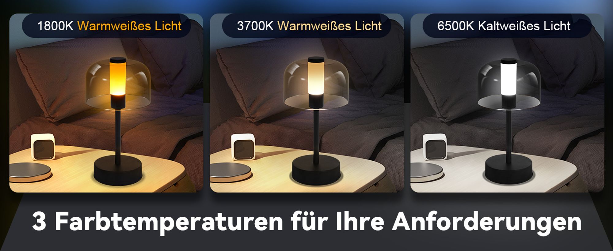 ZMH Nachttischlampe Akku LED Dimmbare Tischlampe Kabellos Tischleuchte USB-C Aufladbar 1800K-6500K Schwarz Touch Lampe mit Speicherfunktion für Schlafzimmer