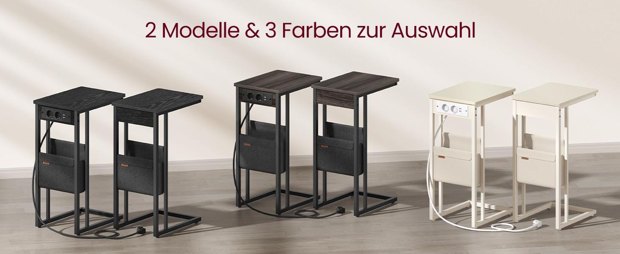 VASAGLE Beistelltisch mit Steckdosen, C Form für kleine Räume, 2 USB-Anschlüsse