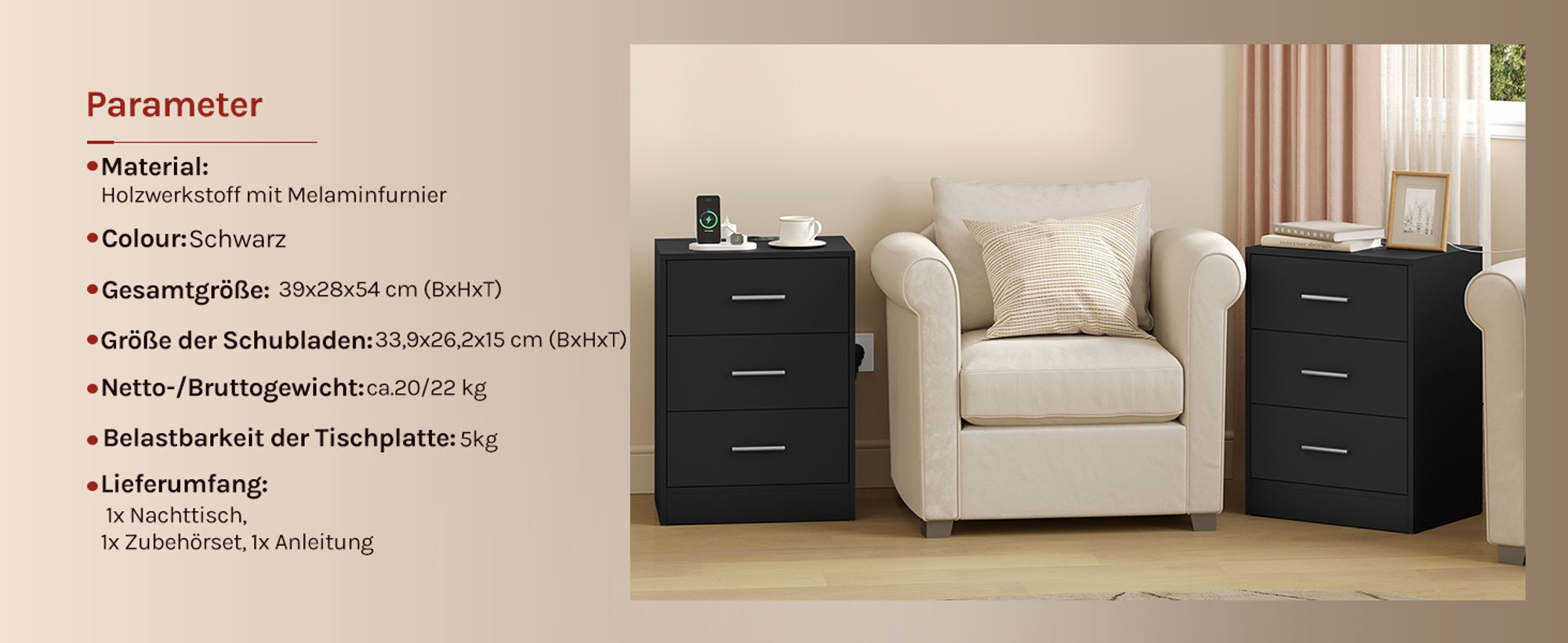 WOLTU Nachttisch, Beistelltisch mit Ladefunktion, Steckdose, 3 Schubladen, Modern, Schwarz