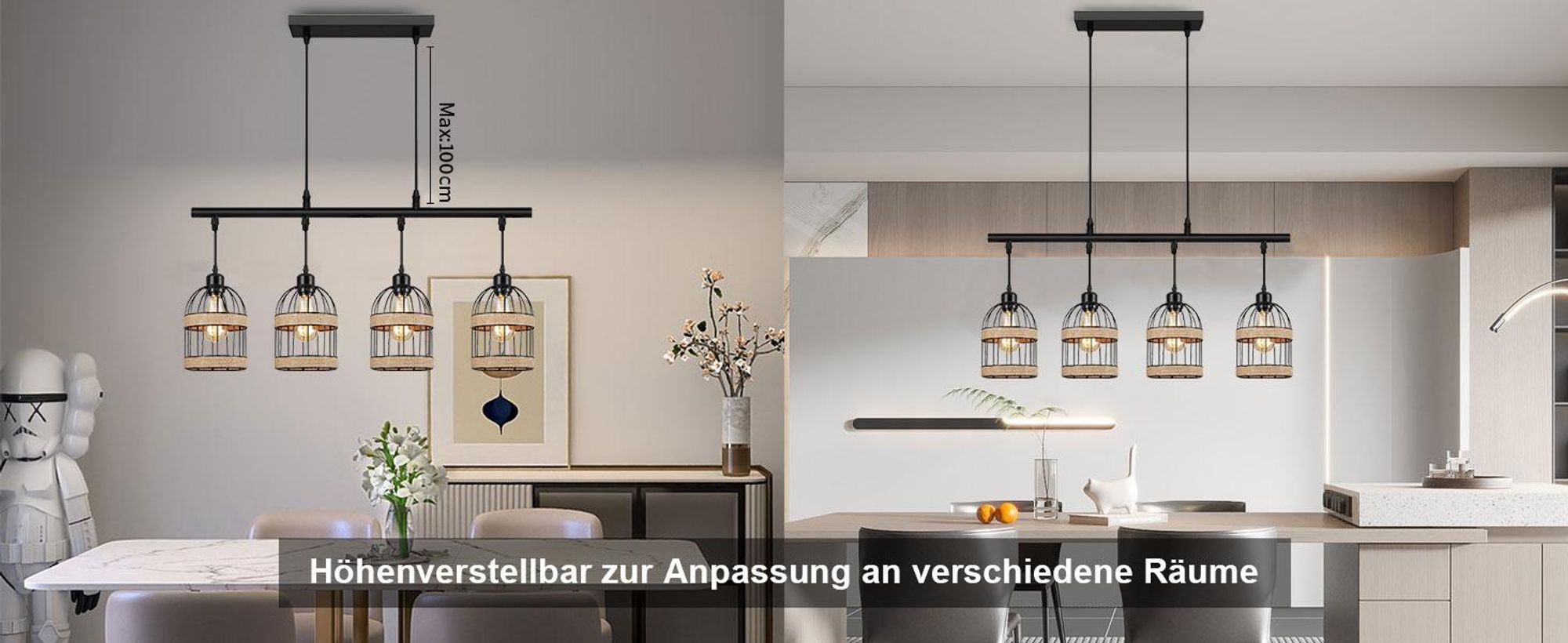 Pendelleuchte 4 Flammig Schwarz Metall Lampenschirm Hängelampe E27 Höhenverstellbar Hängeleuchte für Esszimmer, Küche, Bar