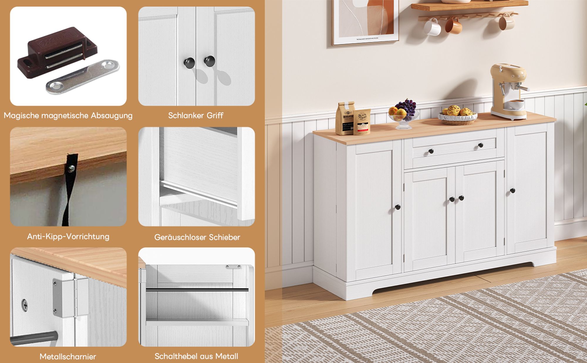 Flieks Sideboard Küchenschrank, Anrichte Küchenbuffet mit verstellbare Ablagen, Aufbewahrungsschrank für Küche, Wohnzimmer, Esszimmer, Weiß, Natural