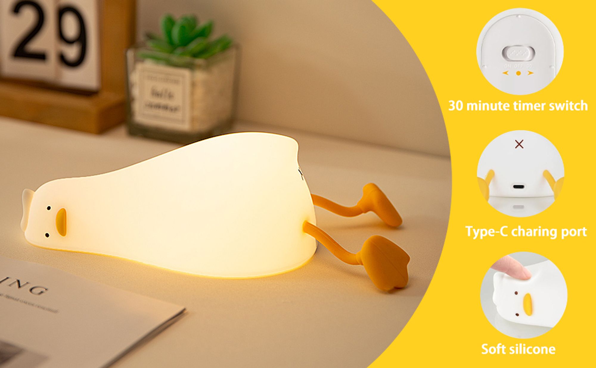 Suesse Ente Nachtlicht Warmweisses Nachtlicht mit Beruehrungssensor 3 Lichthelligkeit Weiches Silikon Tier Nachtlampe Handyhalter Nachtbegleiter