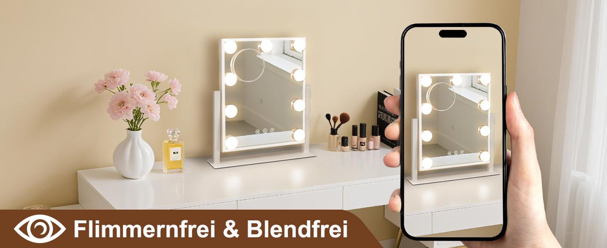 ZMH Schminkspiegel mit Beleuchtung Hollywood Spiegel Vanity Mirror mit 9 LED Klein Kosmetikspiegel mit Licht 360° Drehung Tischspiegel 3 Modi schminktischspiegel Touch Hollywoodspiegel Dimmbar