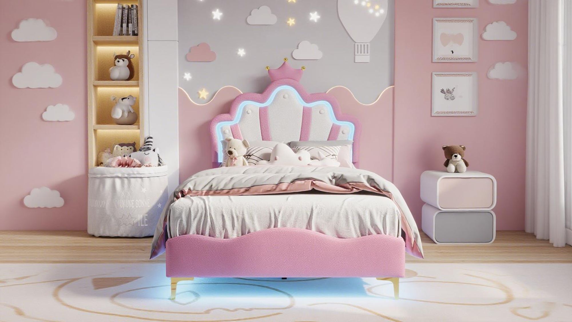 Kinderbett Polsterbett 90x200 cm, Prinzessin Einzelbett mit LED-Beleuchtung, Mädchen Jugendbett mit Kronen-Design und verstellbarem Kopfteil, PolyurethanRosa