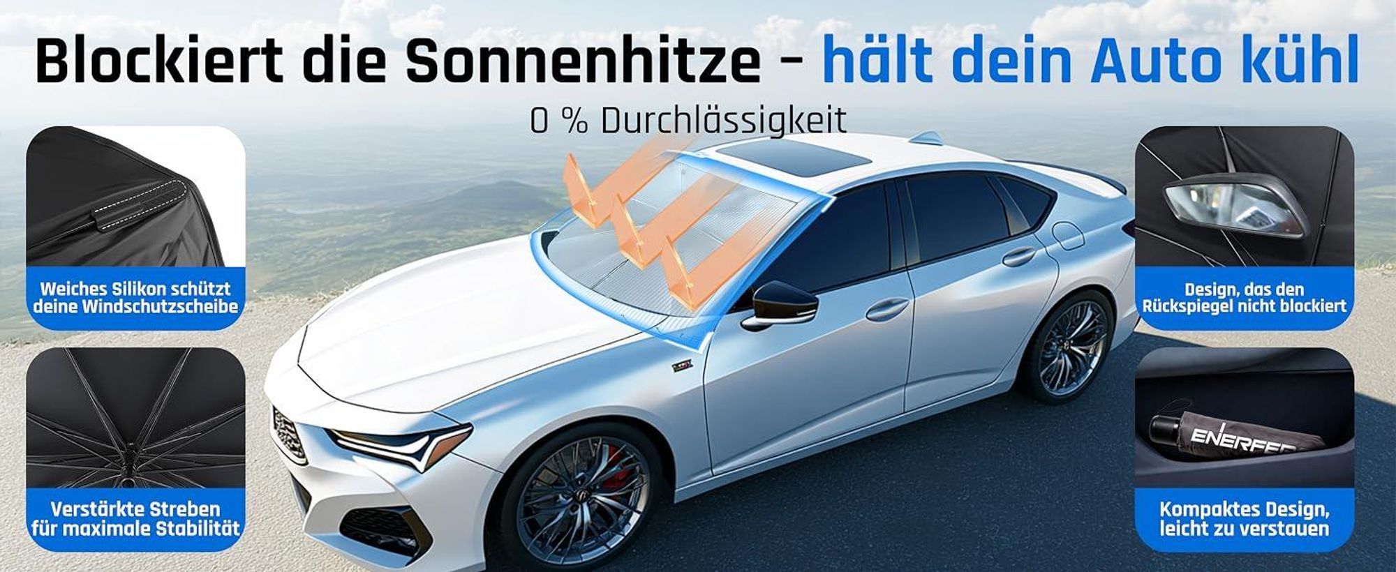 Sonnenschutz Frontscheibe innen 140 x 80 cm, Auto Sonnenschutz faltbar, mit Aussparung für Rückspiegel, UV Hitzeschutz, universell für PKW SUV LKW
