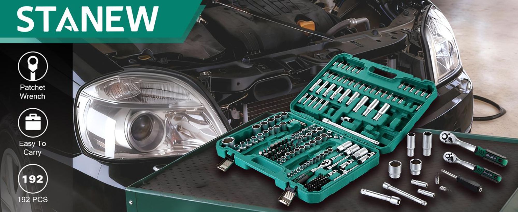 STANEW 192-teiliges Profi-Steckschlüssel-Set, 1/4 Zoll, 3/8 Zoll, 1/2 Zoll, CR-V, inkl. 3 Schnellspann-Ratschenschlüsseln, Standard/Tief/E-Torx-Steckn
