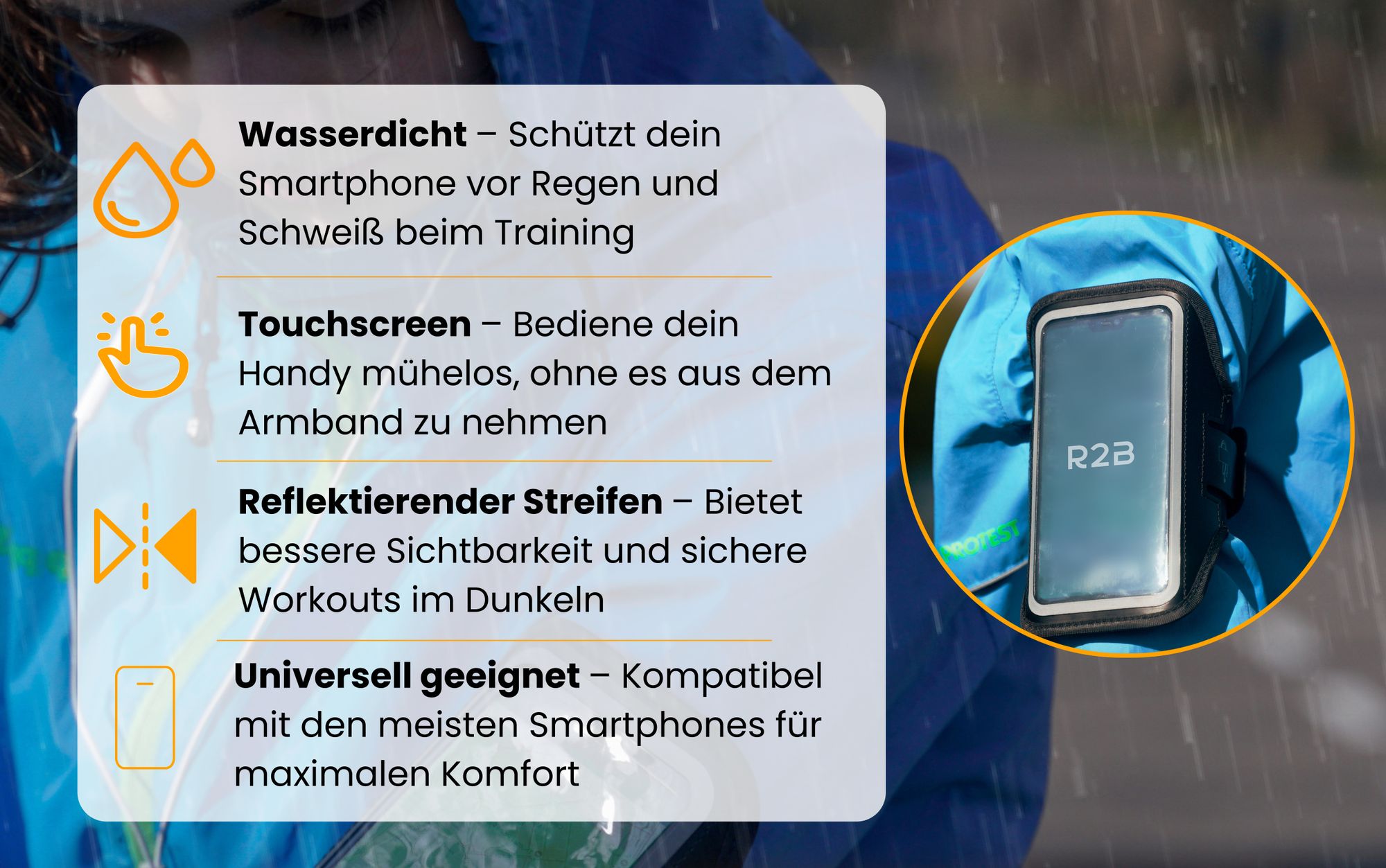 R2B Handyhalterung joggen - wasserdicht bis 6,5 Zoll- Sportarmband - Handytasche arm - Handy halterung sport – reflektierend
