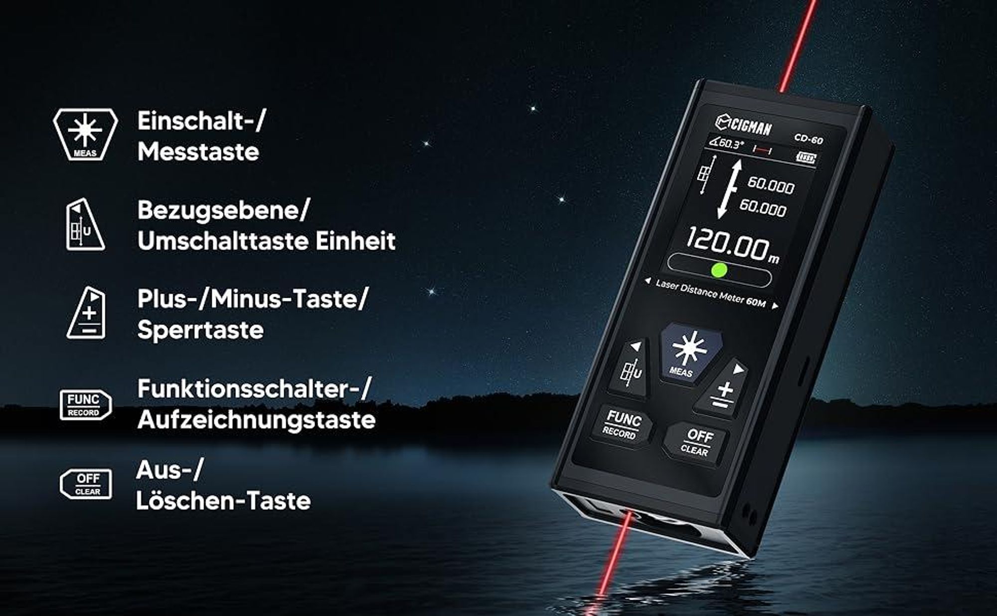CIGMAN CD-60 Mini Hand-Laser-Entfernungsmesser mit LCD-Hintergrundbeleuchtung, Digital 120m Laser-Entfernungsmesser