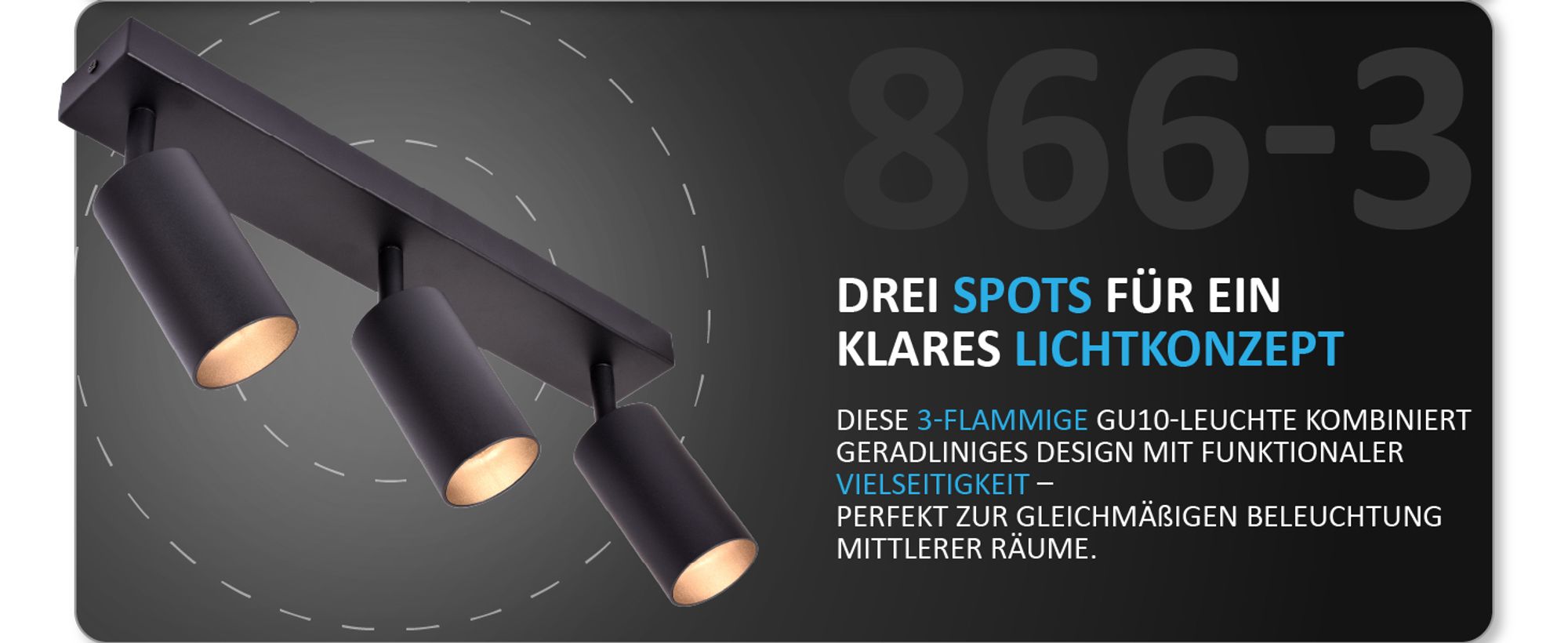 GU10 Deckenleuchte ProSpot 866-3-BK Schwarz – 3-flammig, Aluminium, IP20