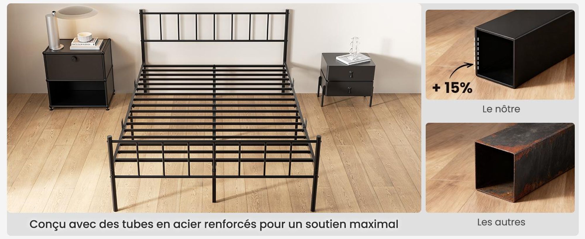 Lit 140 x 200 cm, sommier métallique avec tête de lit, cadre de lit de 36 cm de hauteur avec 32 cm d'espace de rangement, 14 lattes métalliques, silencieux, noir