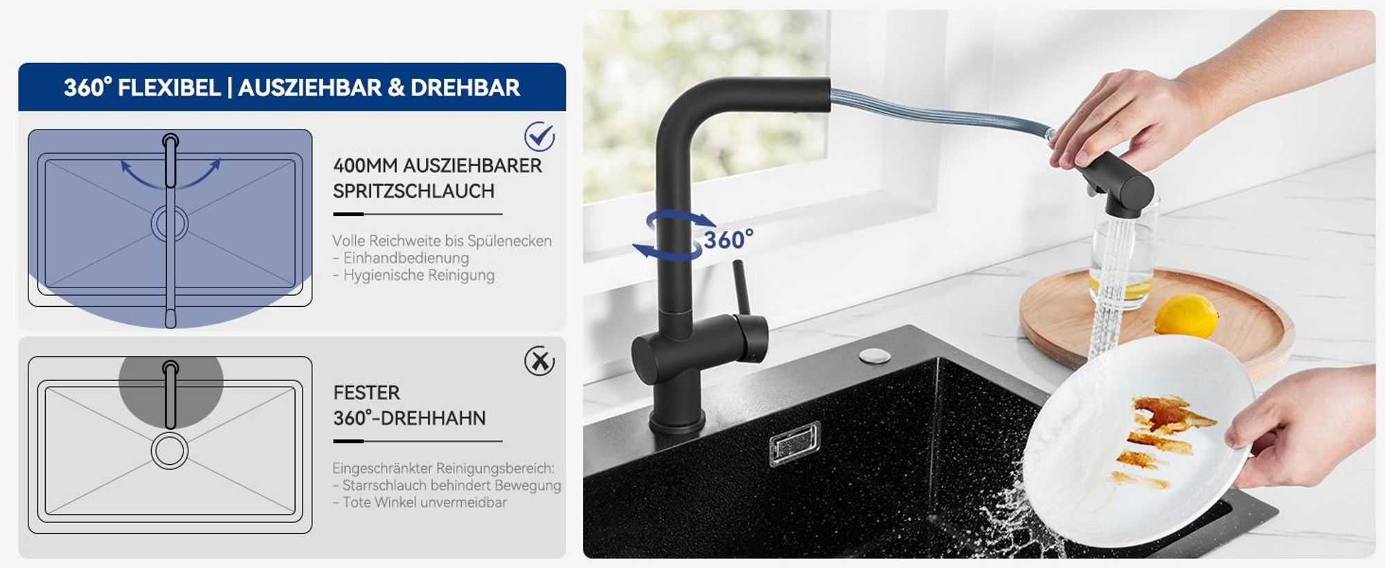 Wasserhahn Küchenarmatur, 360° Drehbar Spültischarmatur, Cecipa Ausziehbare Küchenarmatur 304 Edelstahl, Ausziehbarer Wasserhahn, Schwarz