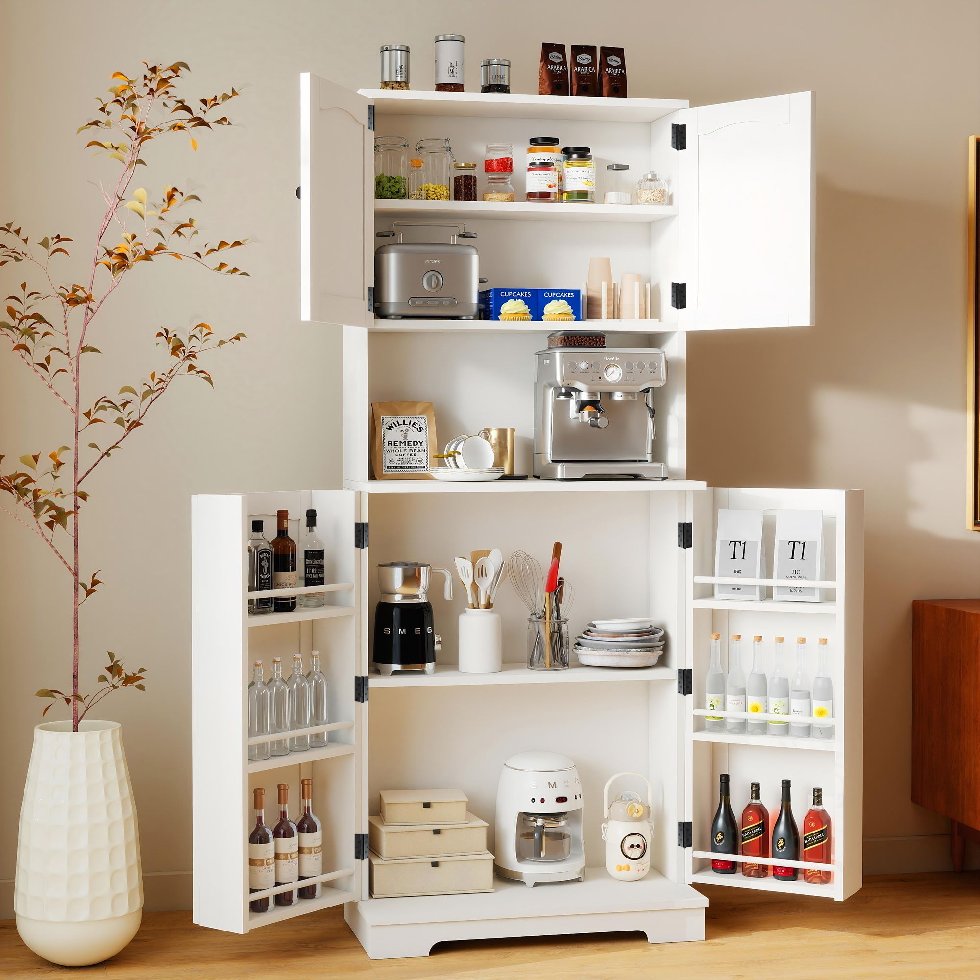 OYAJIA Sideboard Modernes Küchenschrank, mit 6 Türablagen Anrichte und Aufbewahrungsschrank mit verstellbaren Regalen 60 x 150 x 30 cm