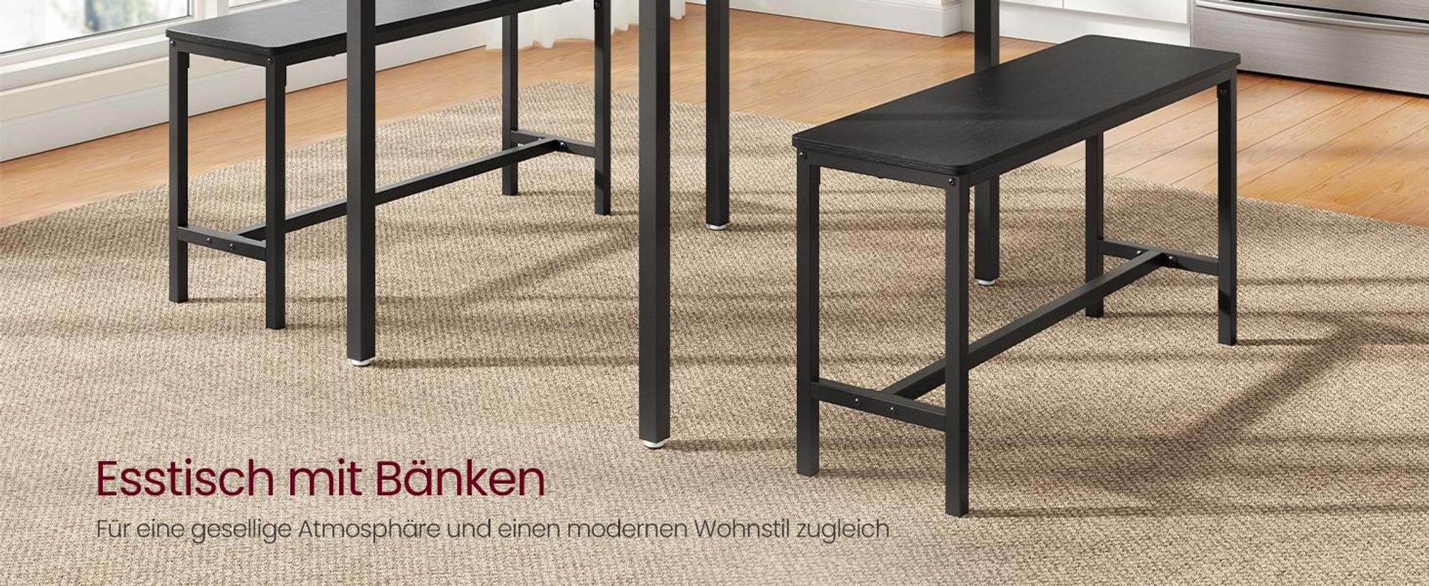 VASAGLE Esstisch, Küchentisch-Set mit 2 Bänken, 3er-Set, 110 x 70 x 75 cm, Aschschwarz-Tintenschwarz