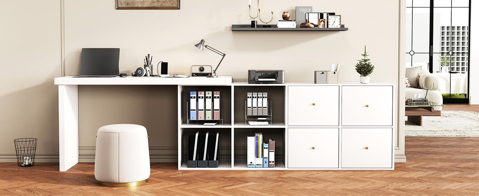 Flieks L-förmiger Schreibtisch Eckschreibtisch, Arbeitstisch 120x48x78 cm, Bürotisch mit Schrank, Schminktisch mit dicker Holzplatte, weiß