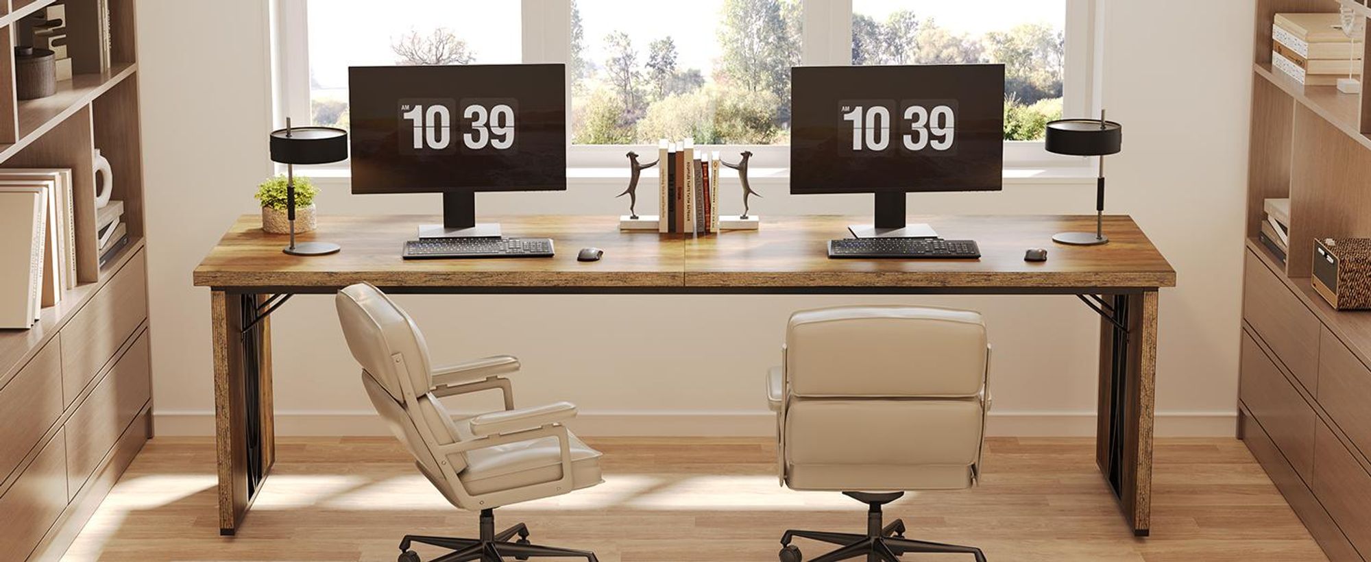 Tribesigns Schreibtisch Computertisch, 200 x 70 x 76 cm Doppelter Langer Schreibtisch, PC Tisch ndustrie-Design Konferenztisch für Home Office, Braun