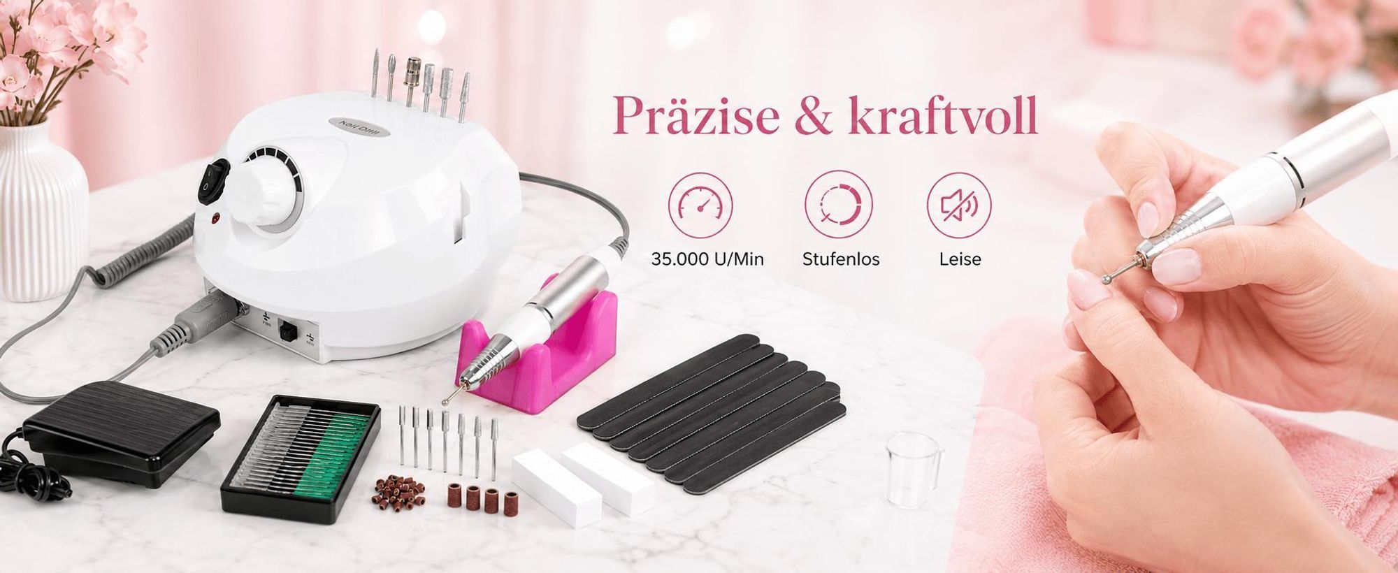 Speed Nagelfräser Set, Elektrische Nagelfeilen Set 35000 U/Min, Maniküre-Set mit Fußpedal & Keramik-Bit, Persönliche DIY-Maniküre, Nagelfräser, Weiß