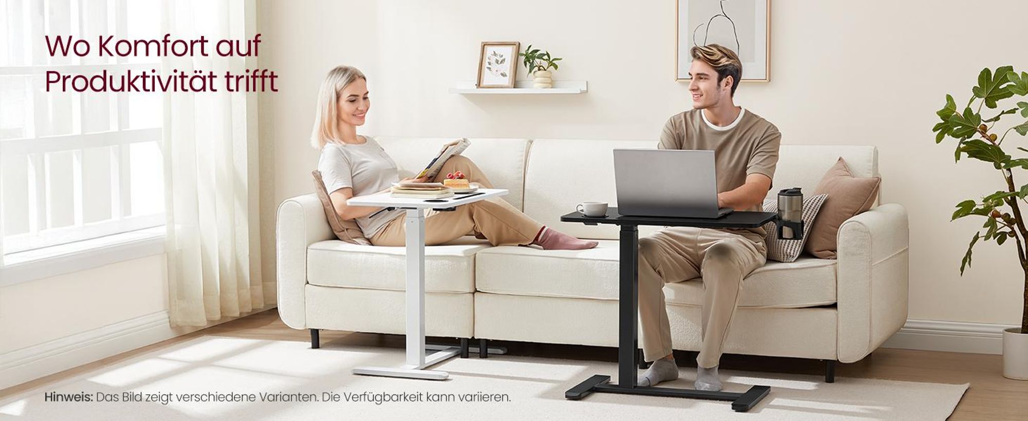 VASAGLE Beistelltisch mit Rollen, mobiler Stehtisch, verstellbare Höhe, 2 Getränkehalter, Schlitz für Handy oder Tablet