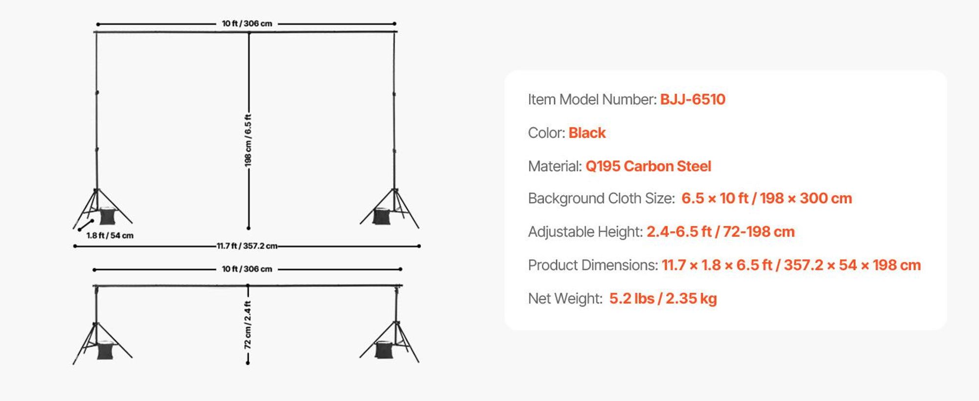 VEVOR Hintergrundständer, 10 x 10 ft verstellbarer Fotohintergrundständer-Kit, tragbarer Hintergrundständer mit 4 Querträgern, robuster Projektorleinwandständer, für Hochzeit, Foto-Video-Studio & Party, Doppelstativ-c, 198x300 cm