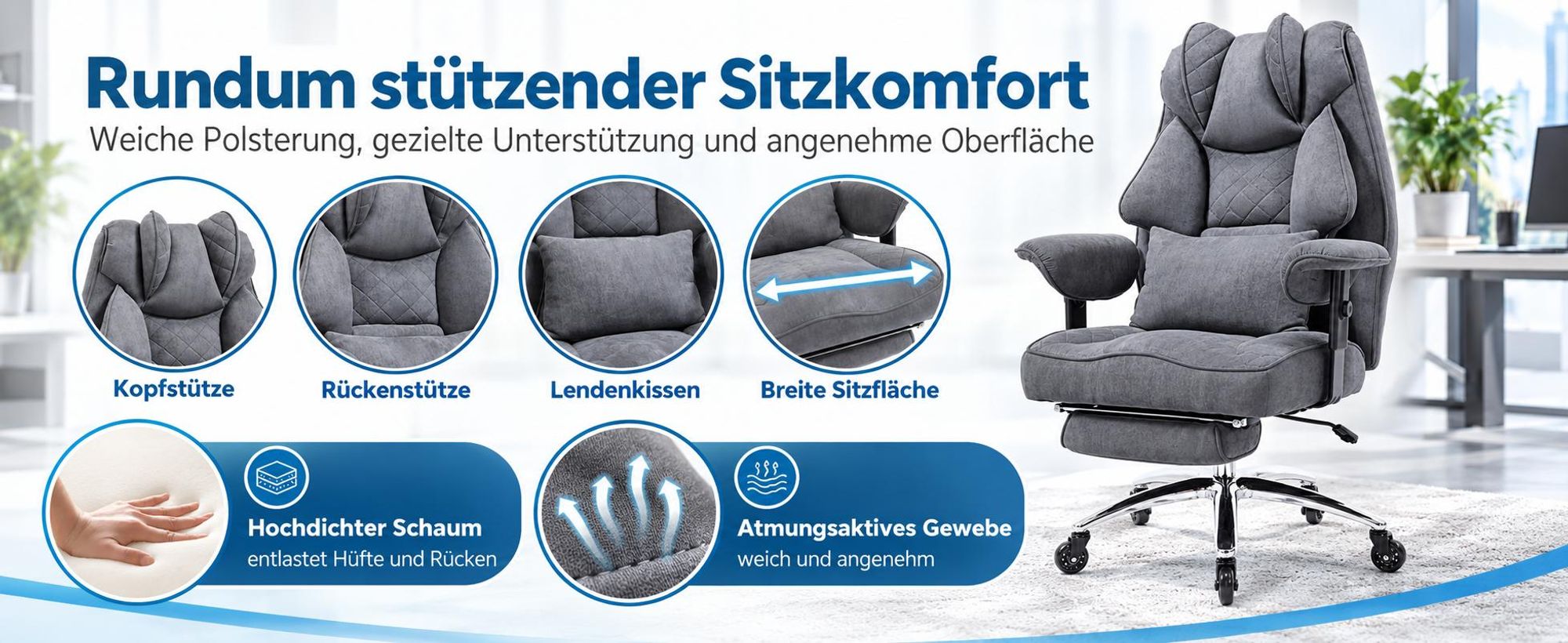 Kopfstütze, Rückenstütze, Lendenkissen, breite Sitzfläche, hochdichter Schaum, atmungsaktiv