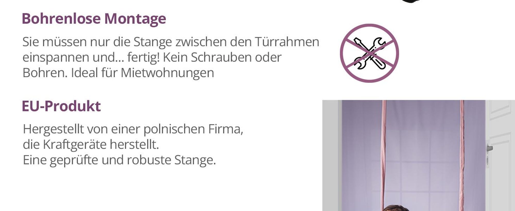 Create for you® - Klimmzugstange, für Türrahmen, mit Haken für Kinderschaukel - Fitnessgeräte für Zuhause - Montage ohne Bohren, Weiß - 70cm