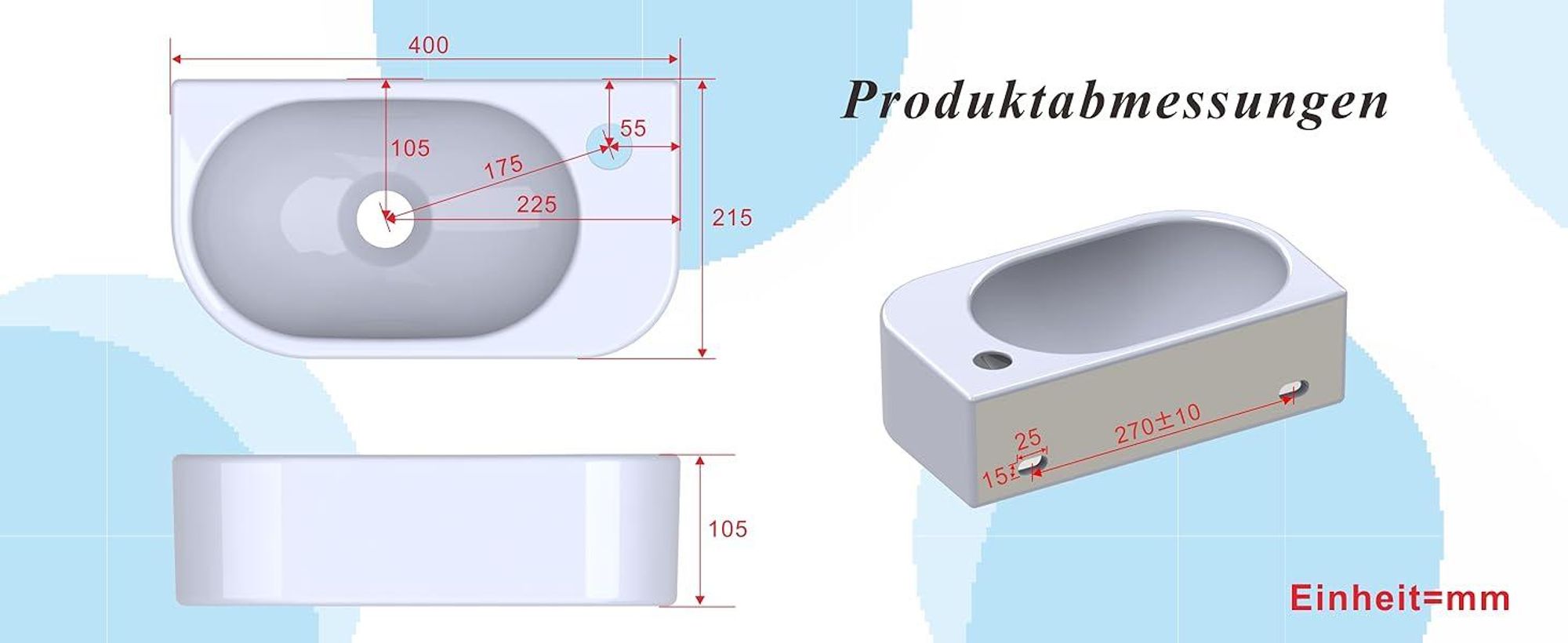 AQUABATOS Hängewaschbecken Keramik 40x21,5x10,5 cm, Weiß, mit Überlauf