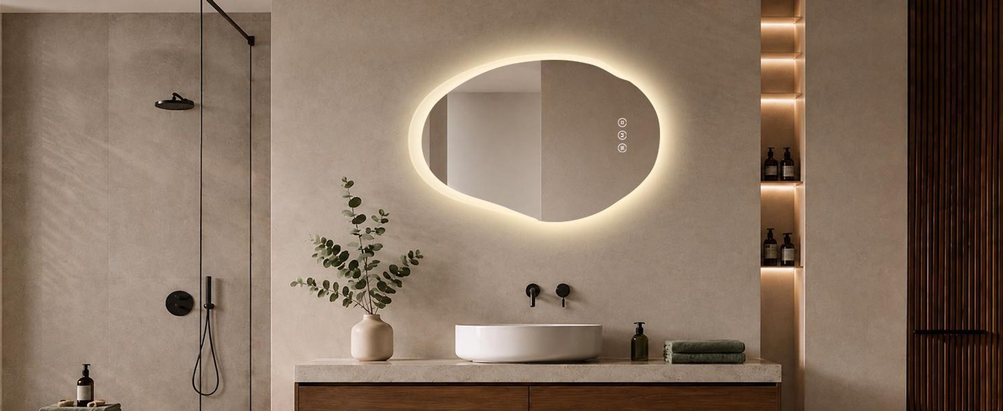 S'AFIELINA Specchio Bagno LED 48 × 72 cm, Asimmetrico, Touch, Senza Cornice,3 colori di luce, dimmerabile, antiappannamento e memoria