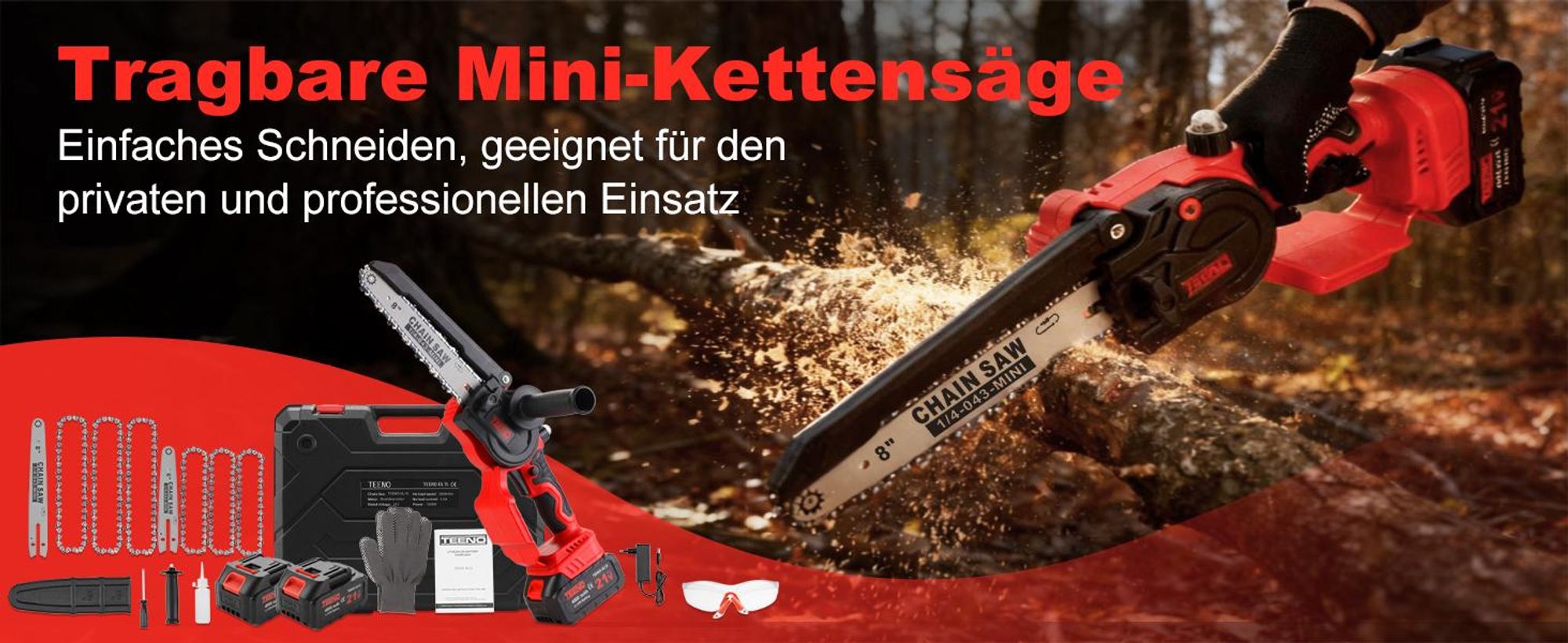 TEENO Akku Mini Kettensäge 6&8 Zoll 2-in-1, 6 Ketten (3×6"+3×8"), Bürstenloser Motor, 2×4000mAh Li-Ion Akku, 5500 U/min, Leicht & Tragbar für Garten