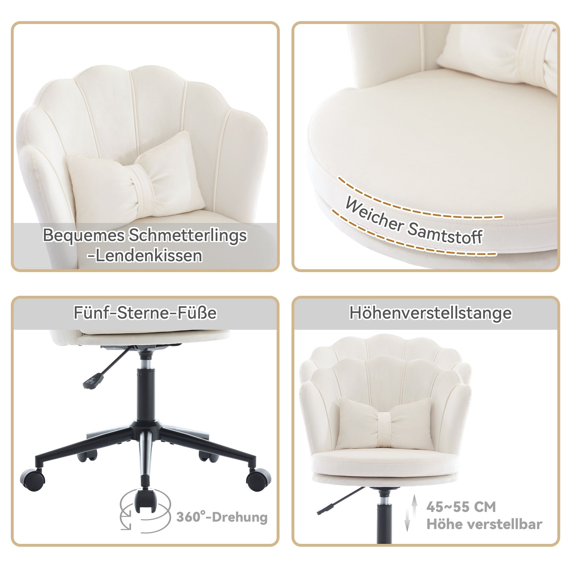 Flieks Bürostuhl ergonomisch, Stuhl drehbar Schminktisch, Schminkstuhl ohne Armlehne, Schreibtischstuh mit Blütenblatt-Rückenlehne, Beige