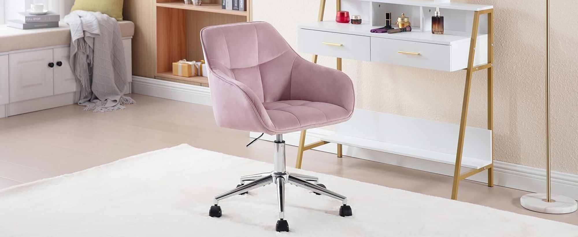 WOLTU Bürohocker Homeoffice Stuhl, Schminkstuhl, höhenverstellbar, mit Armlehnen Samtsitz : Rosa+Silber Farbe: Rosa+Silber