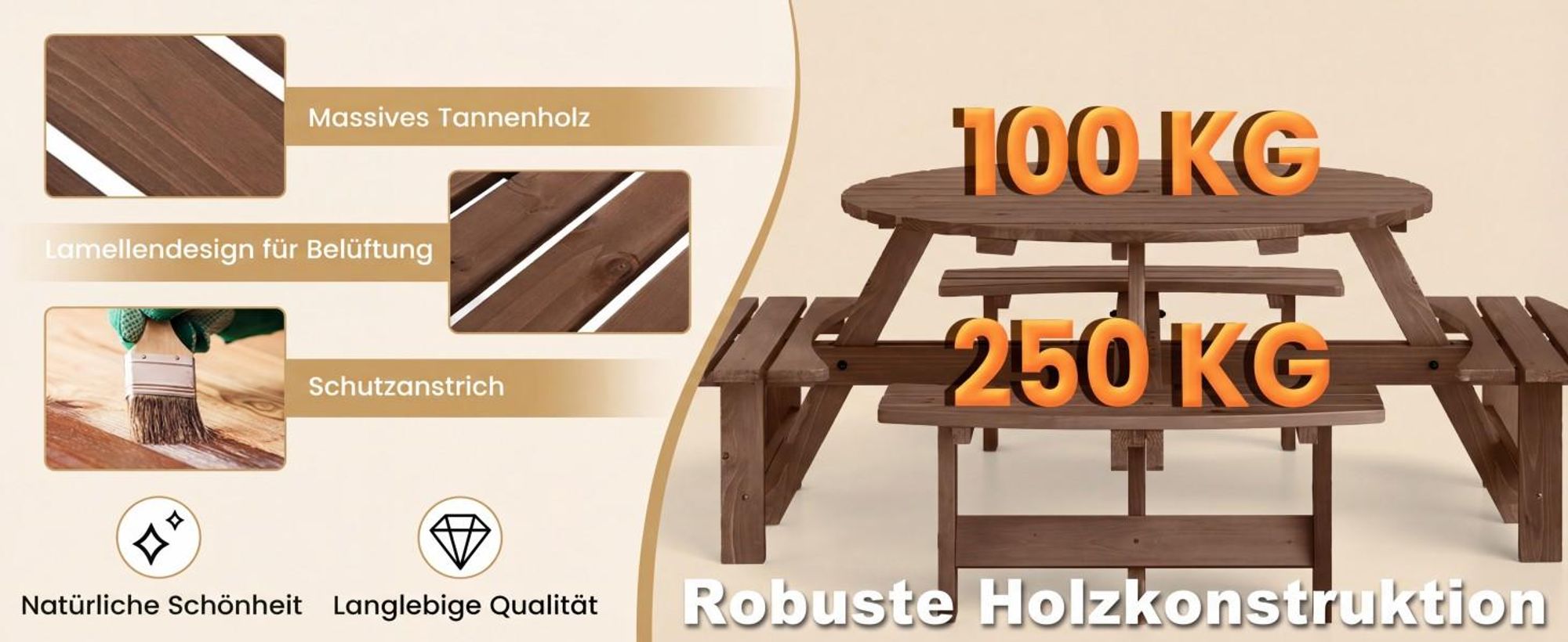 COSTWAY Gartenmöbel-Set für 8 Personen, Gartentisch mit Schirmloch & 4 Bänken, Picknicktisch Set rund, Sitzgarnitur Holz, Sitzgruppe Gelb