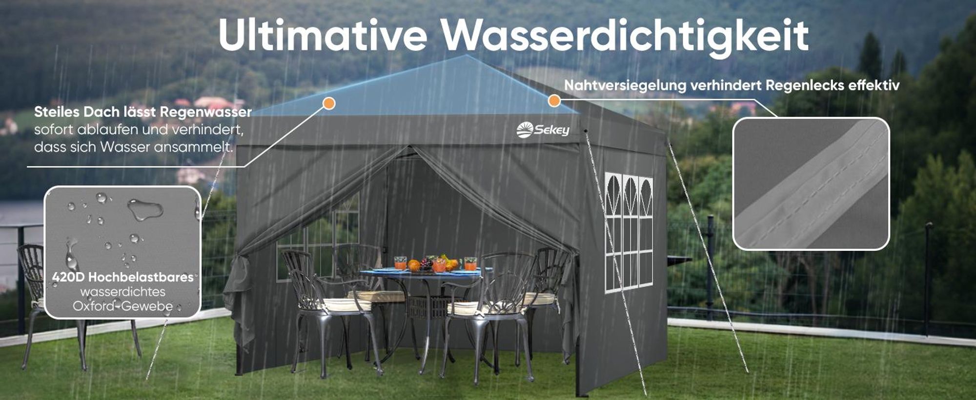 Sekey Faltpavillon 3x3 mit 4 Seitenwänden und mit 4 Sandsäcke, Wasserdicht Pop Up Pavillon für Camping, Festival, Events, Picknicks, Grau