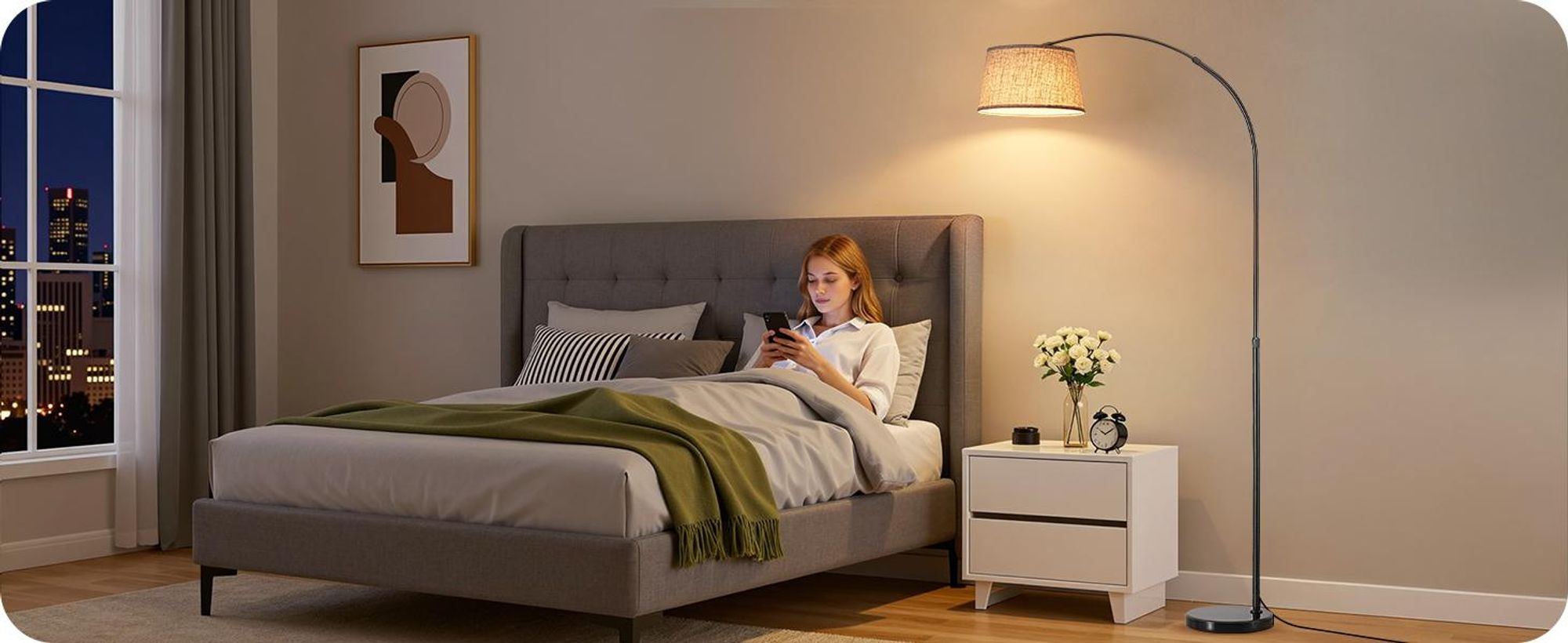 EDISHINE Stehlampe Dimmbar Wohnzimmer, Bogenlampe 143-176 cm verstellbar, mit drehbarem Lampenkopf, magnetische Fernbedienung