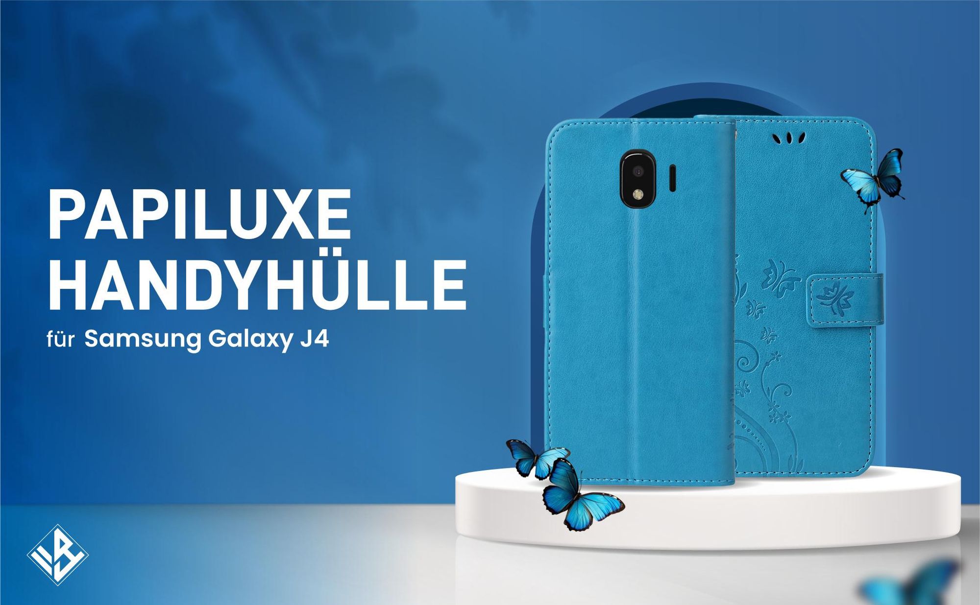 Blaue Klapphülle im Schmetterling Design für Samsung Galaxy J4 mit Wallet-Funktion