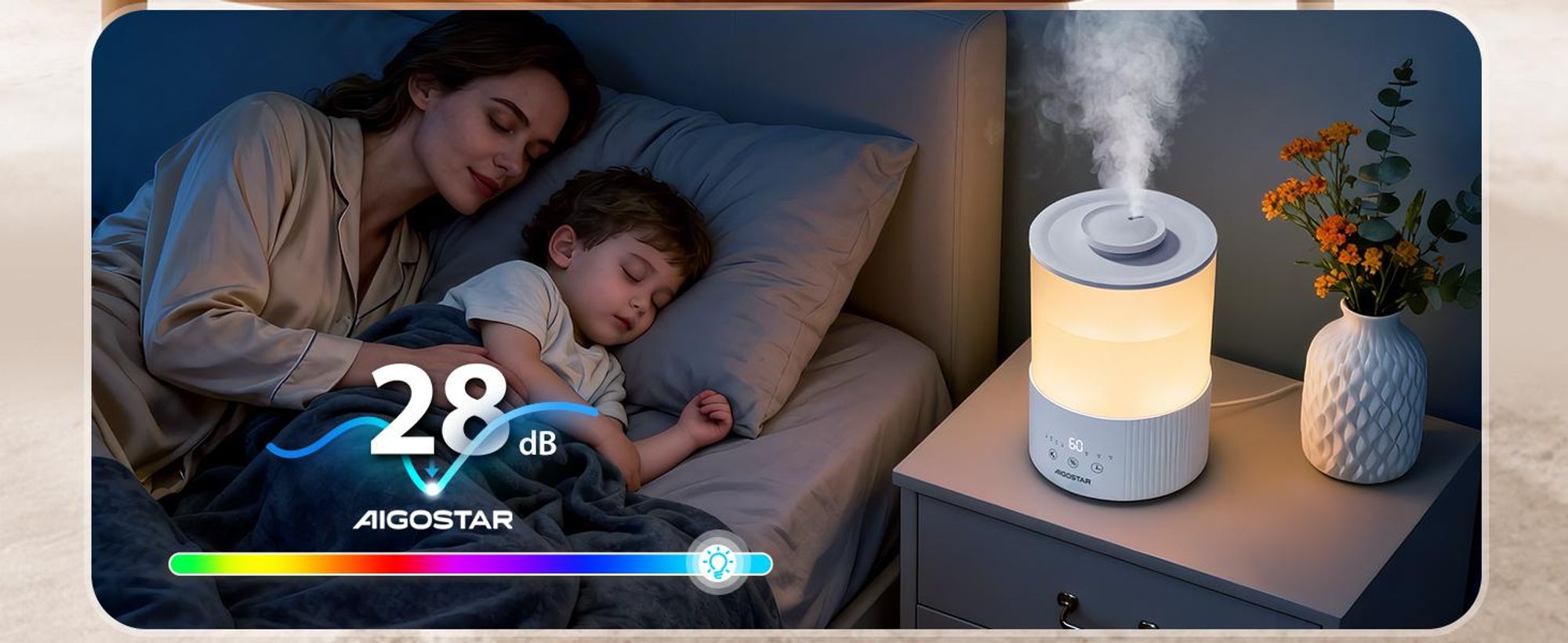 Aigostar - für Schlafzimmer Leise individuelle Luftfeuchtigkeit 7 Farblichter