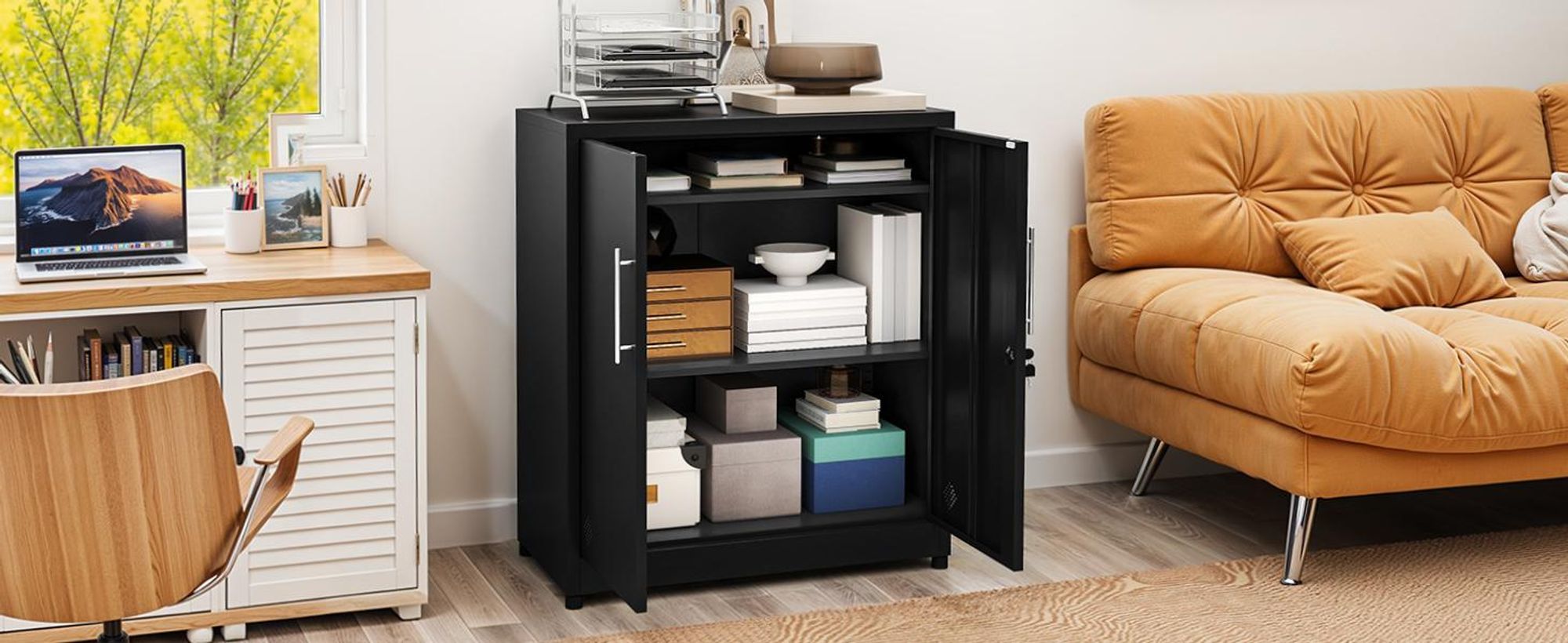 Büroschrank mit 2 Fächern, Aktenschrank Abschließbar mit Schlüssel, Metallschrank, 80 x 40 x 90cm, Schwarz