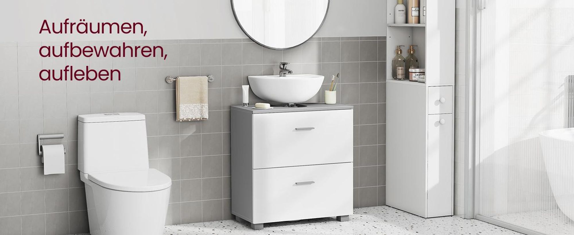 VASAGLE Unterschrank mit Schubladen, Badschrank mit hohen Füßen, Aufbewahrungsschrank, 60 x 30 x 63,8 cm, grau-weiß