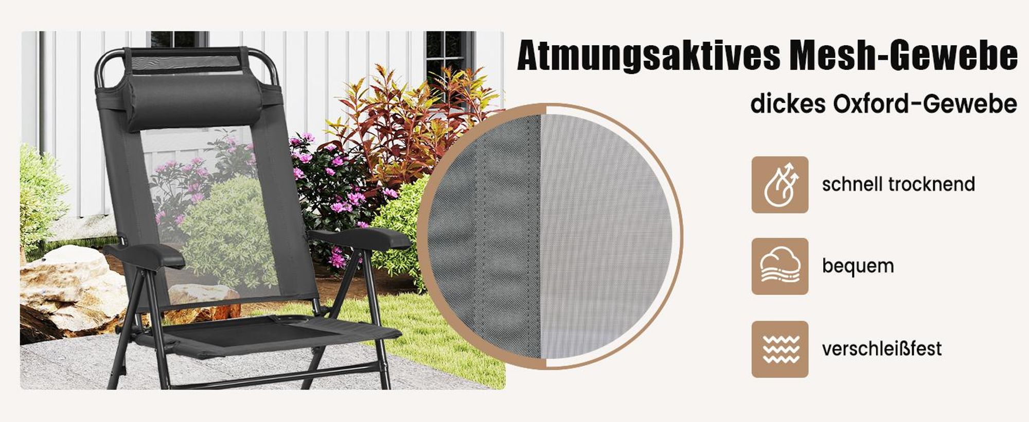 COSTWAY 2er Set Gartenstühle, Klappstühle mit Kopfstütze, klappbarer Outdoor-Stühle mit 7-Fach Verstellbarer Rückenlehne, Hochlehne, atmungsaktiv, für Garten, Terrasse, Hinterhof (Grau)