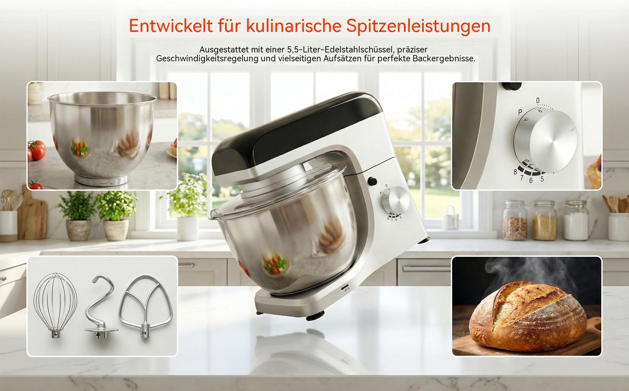 Küchenmaschine mit 6L Edelstahl-Rührschüssel inkl. Rührhaken, Knethaken, Schneebesen und Spritzschutz, 8 Geschwindigkeiten