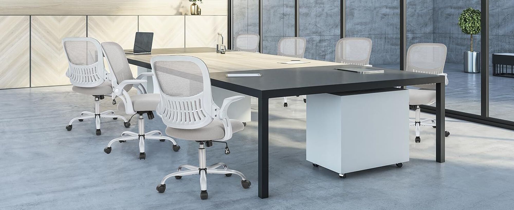 Bürostuhl – Ergonomischer Sitz – Sessel mit 90° klappbarer Armlehne – Lordosenstütze – höhenverstellbar - Drehstuhl - Chefsessel  - Grau