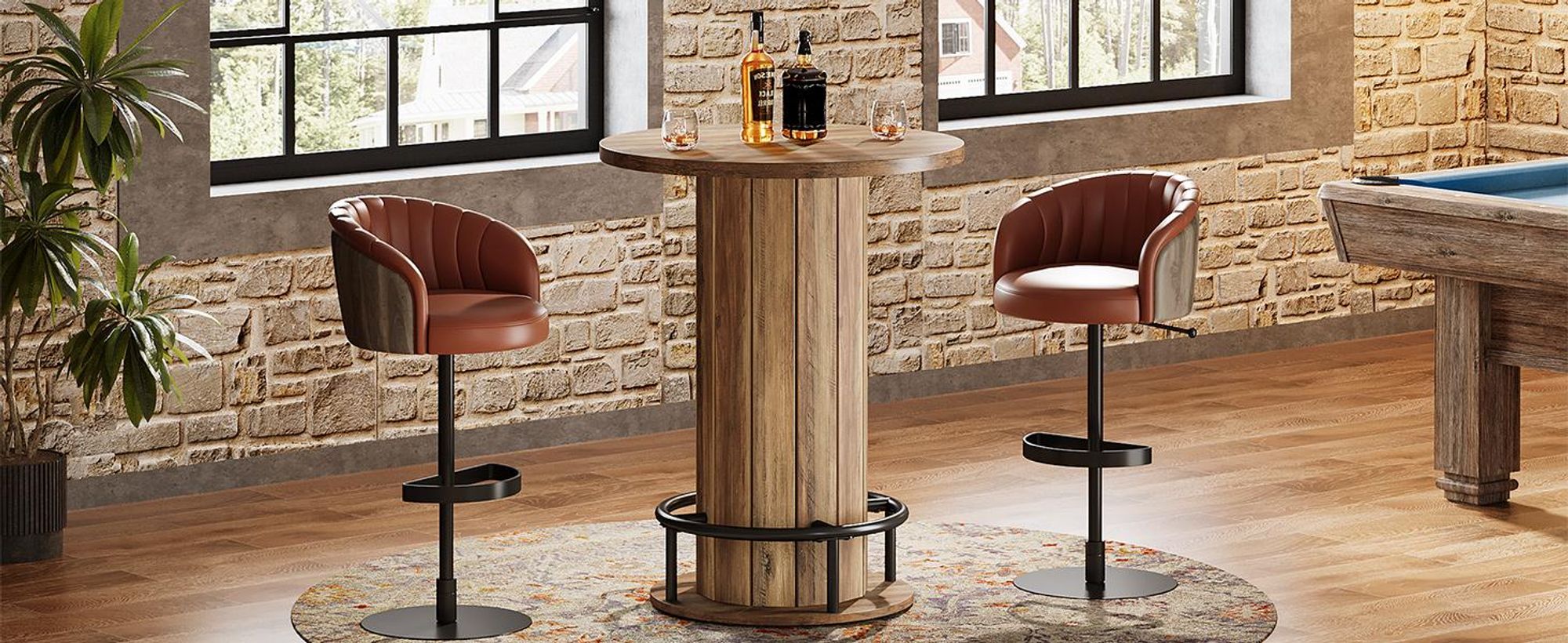 Tribesigns Runder Stehtisch, 100 cm hoch, Holz-Bistrotisch mit Fußstütze aus Metallring für Esszimmer, Kaffee, Cocktails, kleine Räume, Braun