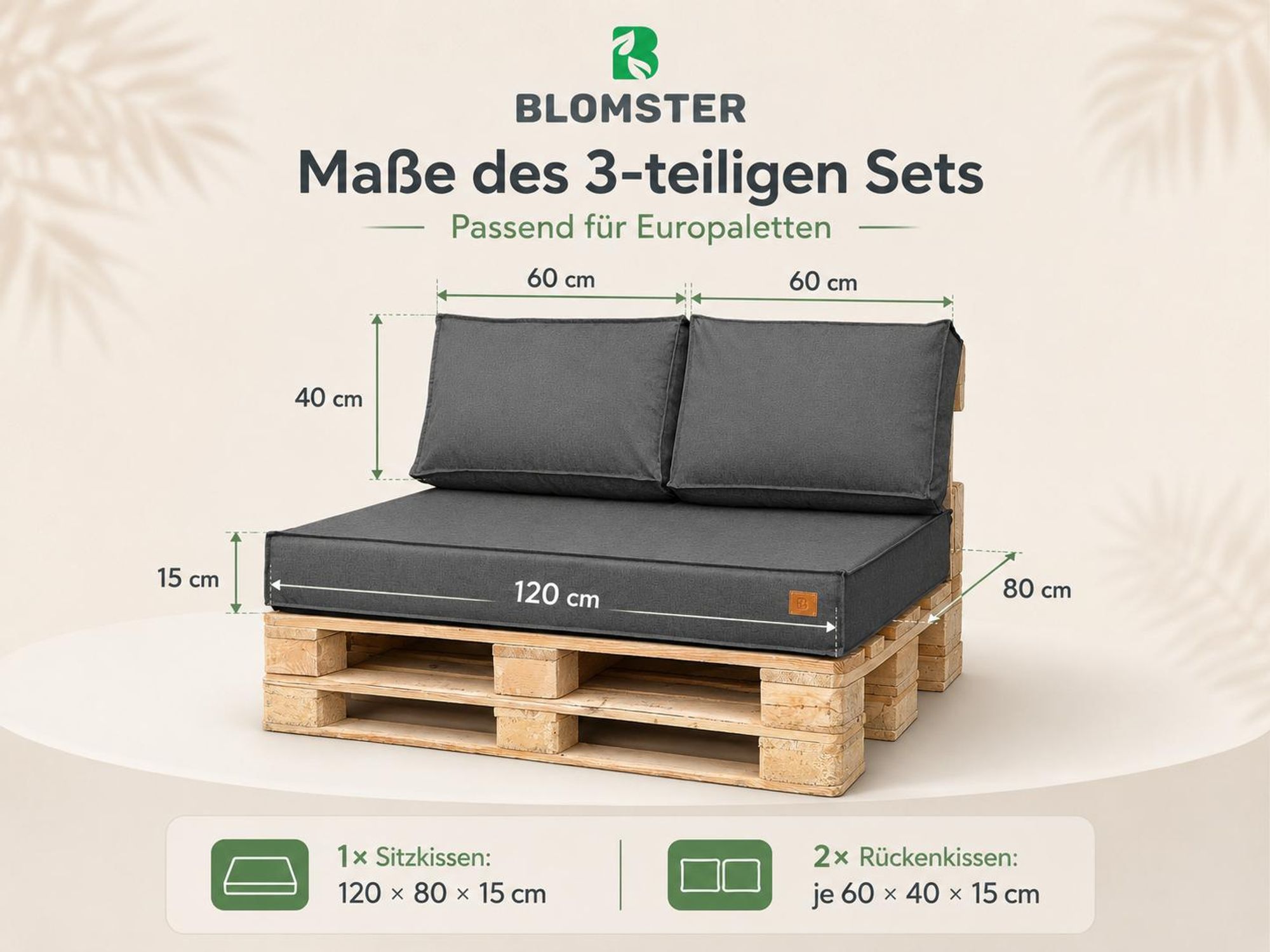 Blomster Palettenkissen 3er-Set für Gartenmöbel 120 x 80 cm