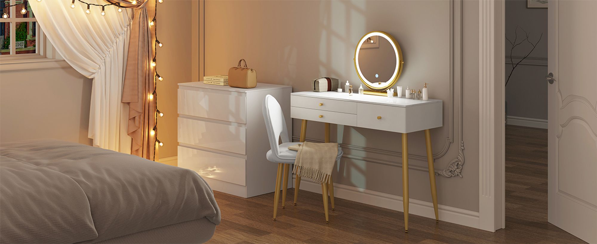 WOLTU Schminktisch mit Beleuchtung, einstellbare LED Spiegelleuchte, Frisiertisch mit 3 Schubladen, große Tischplatte 100x40 cm, Kosmetiktisch mit Samthocker, Weiß+Creme+Gold