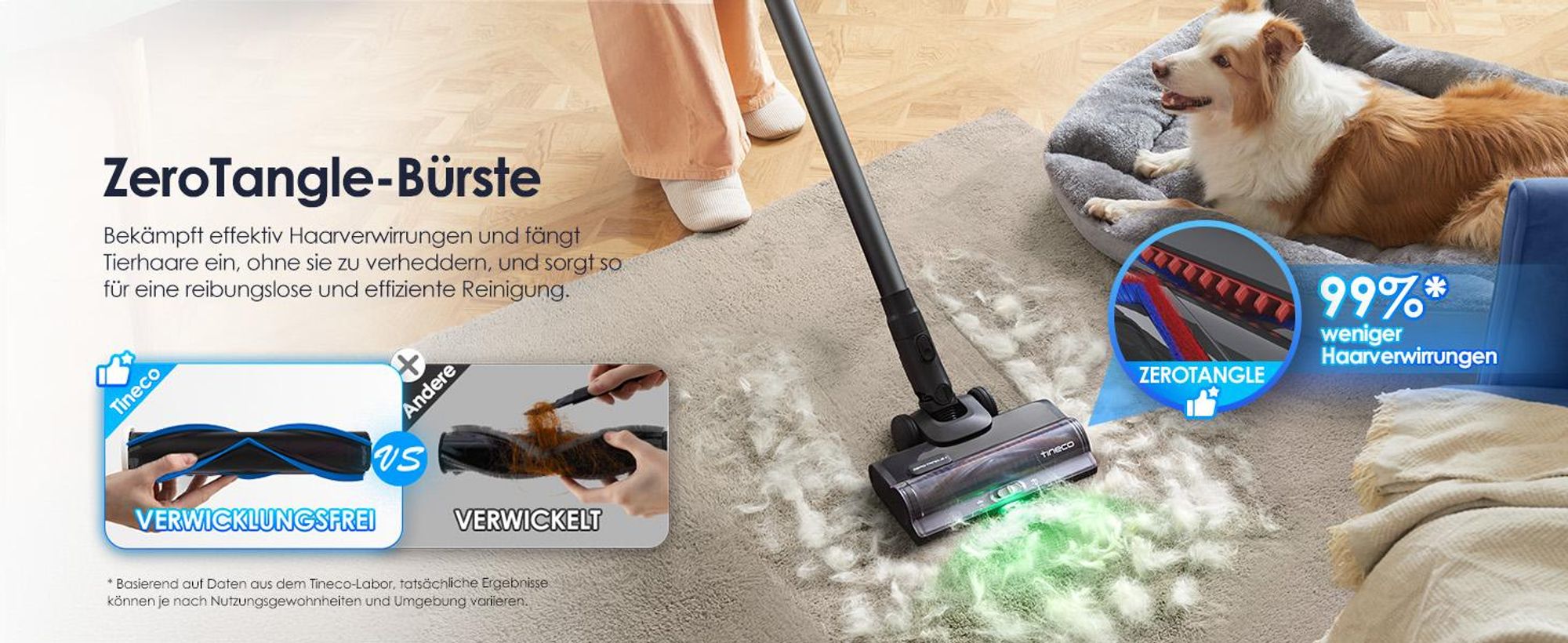 Tineco PURE ONE S50 Kabelloser Akku Staubsauger, 150AW Saugleistung, bis zu 95 Min. ZeroTangle-Bürste, LED, Entfernt Mühelos Großschmutz & Tierhaare