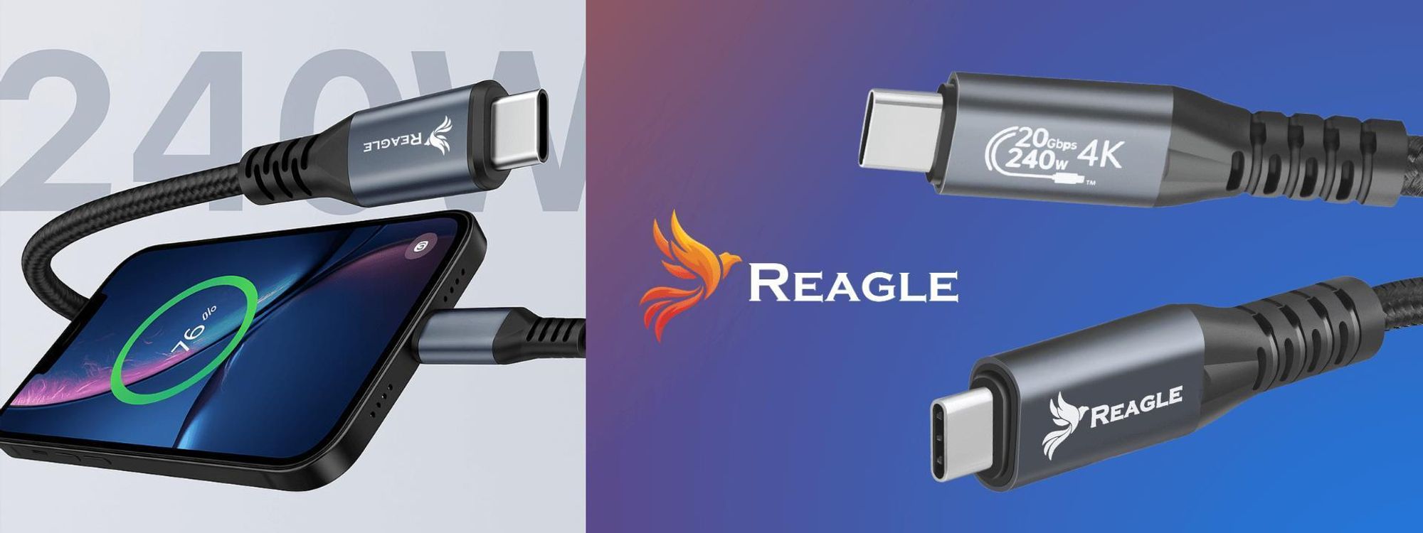 Reagle 3M USB C auf USB C Kabel 3.2 Gen 2 PD 240W 4K@60Hz 10 Gbps 5A QC