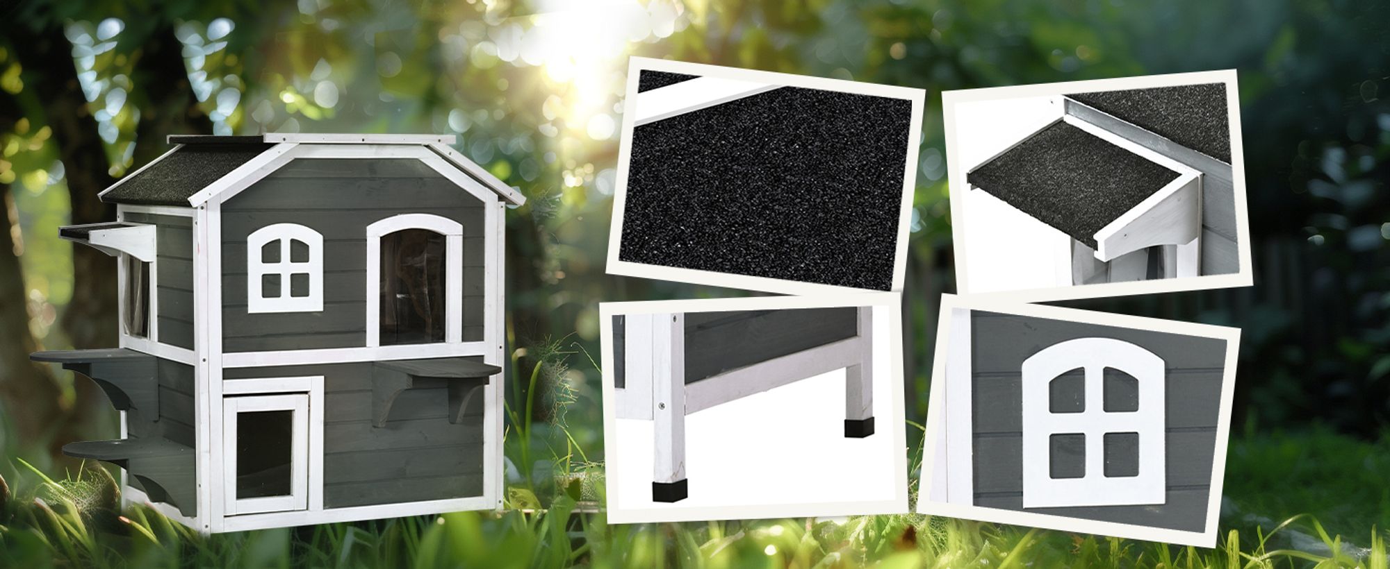 PawHut Katzenhaus mit Asphaltdach, Outdoor Katzenhütte mit Treppen, 2-Etagen Katzenvilla, Wasserfest, Garten, Tannenholz, Grau, 99,5 x 76 x 91 cm