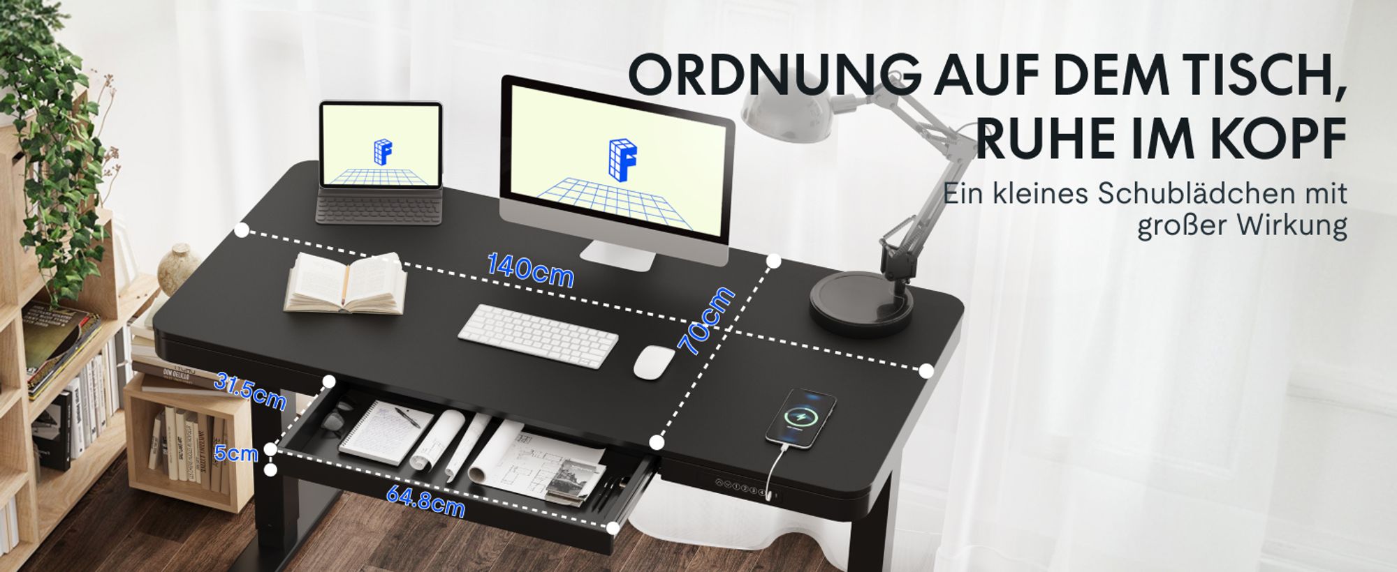 FlexiSpot Q3 Elektrisch Höhenverstellbarer Schreibtisch 140x70cm, mit USB, Schublade, LED-Display, 4 Speicherplätzen & Antikollisionsschutz, Schwarz