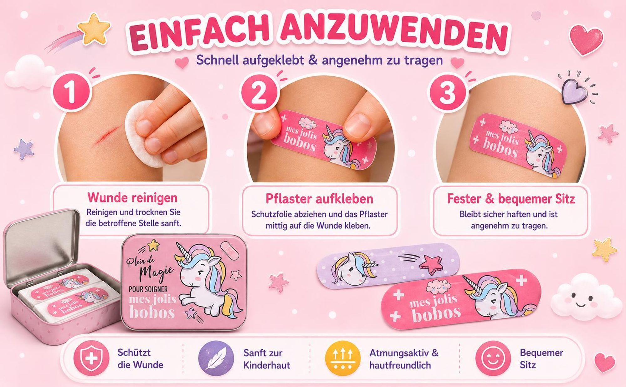 Unicorn Kinderpflaster Lizensiertes Produkt - Metall-Box - 24 Pflaster - Schönes Design Pflaster Aufbewahrungsbox für Kinder - 1 Box