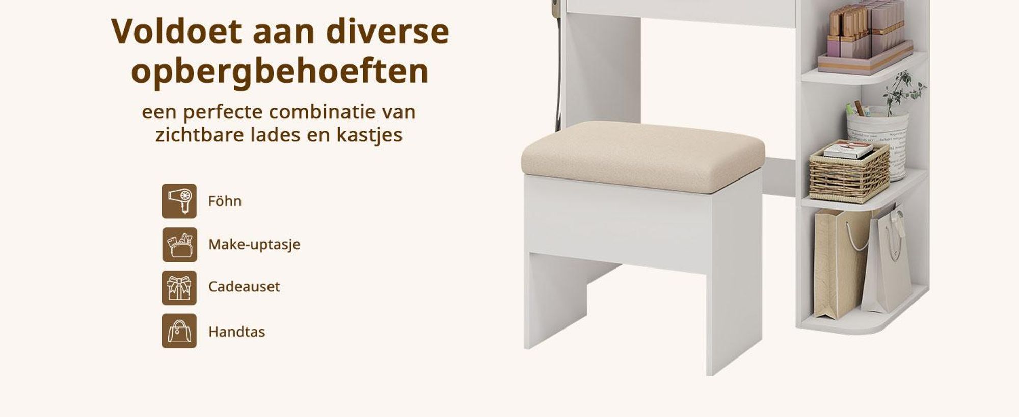 Puluomis make-uptafel met dimbare LED-verlichting, kaptafel met lade, föhnhouder, USB-poorten en stopcontacten, glazen blad, witte kruk met opbergruimte